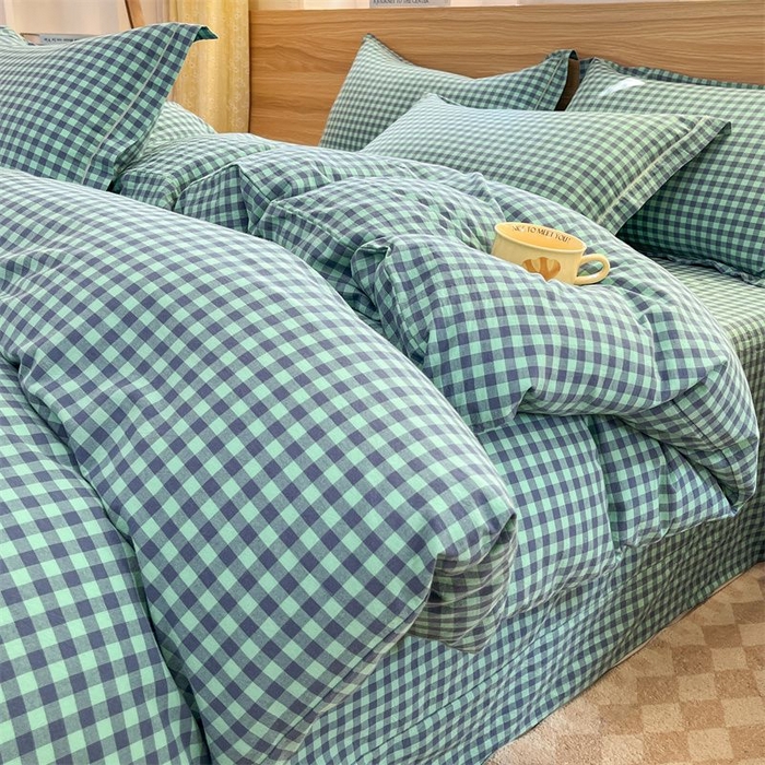 91家纺网 家纺一手货源 找家纺 美尔惠家纺 2025直播热款无印风色织水洗四件套简约格子款学生宿舍三件套床单款 蓝绿小格