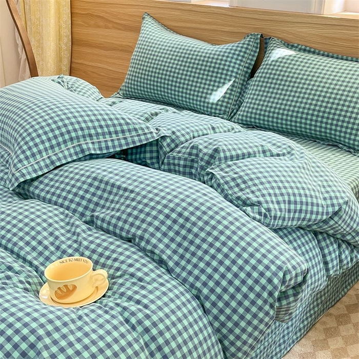91家纺网 家纺一手货源 找家纺 美尔惠家纺 2025直播热款无印风色织水洗四件套简约格子款学生宿舍三件套床单款 蓝绿小格