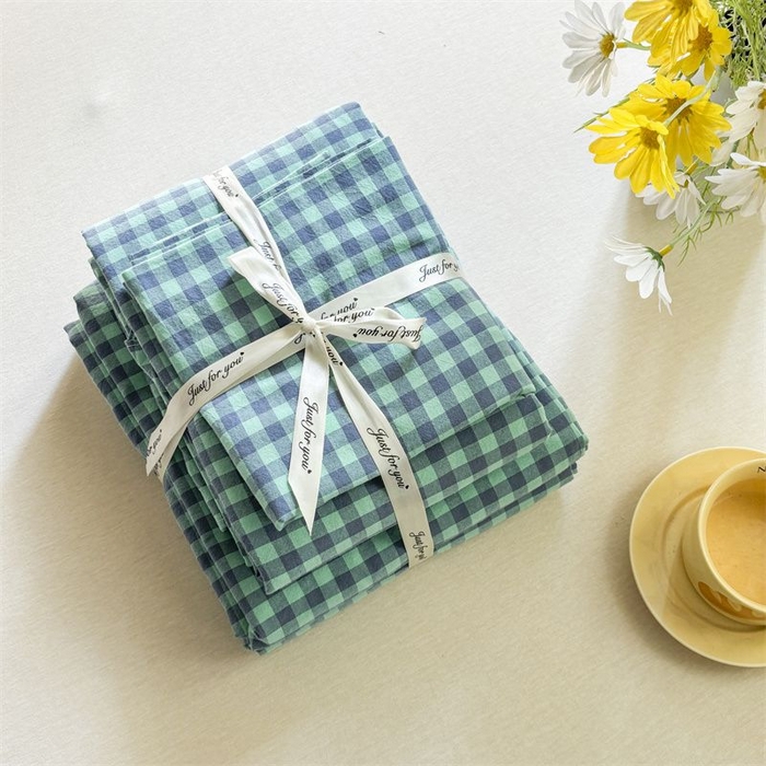 91家纺网 家纺一手货源 找家纺 美尔惠家纺 2025直播热款无印风色织水洗四件套简约格子款学生宿舍三件套床单款 蓝绿小格