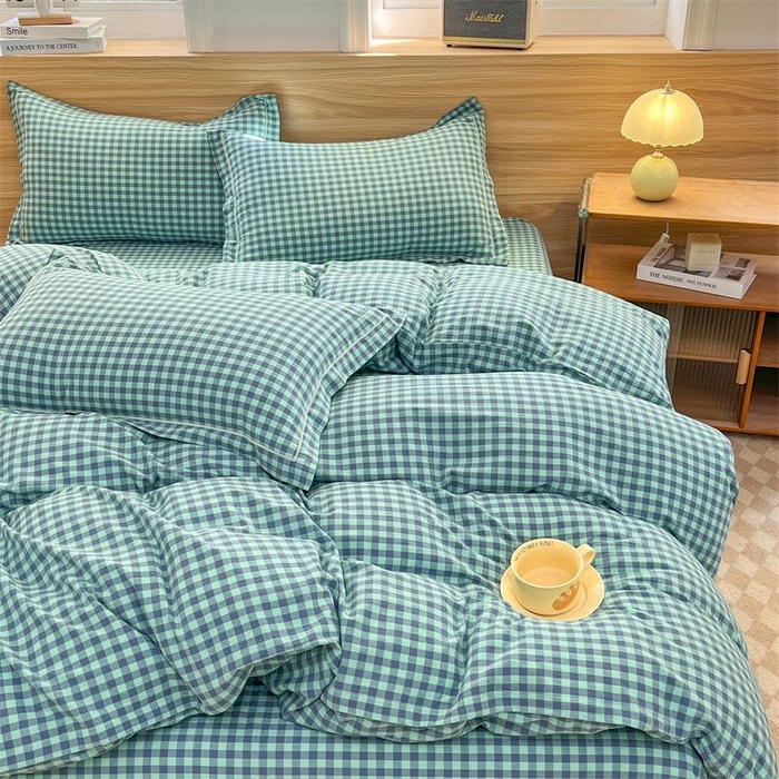 91家纺网 家纺一手货源 找家纺 美尔惠家纺 2025直播热款无印风色织水洗四件套简约格子款学生宿舍三件套床单款 蓝绿小格