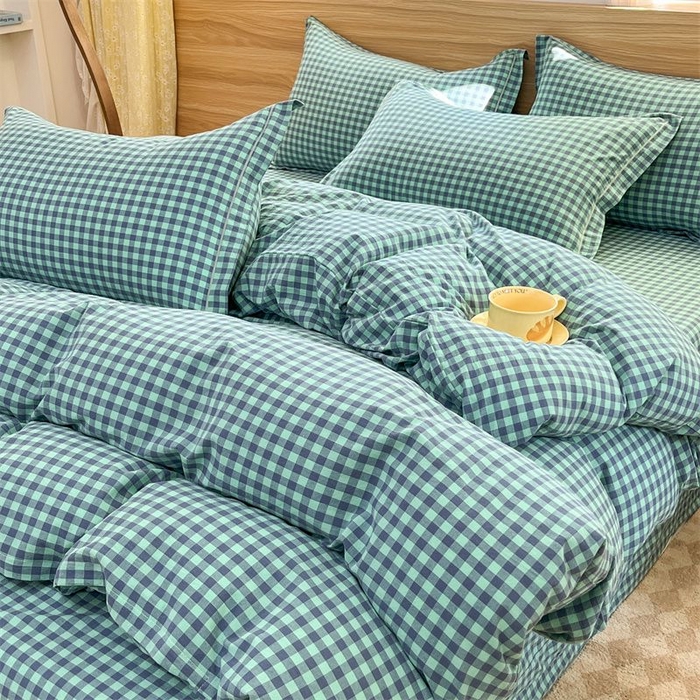 91家纺网 家纺一手货源 找家纺 美尔惠家纺 2025直播热款无印风色织水洗四件套简约格子款学生宿舍三件套床单款 蓝绿小格