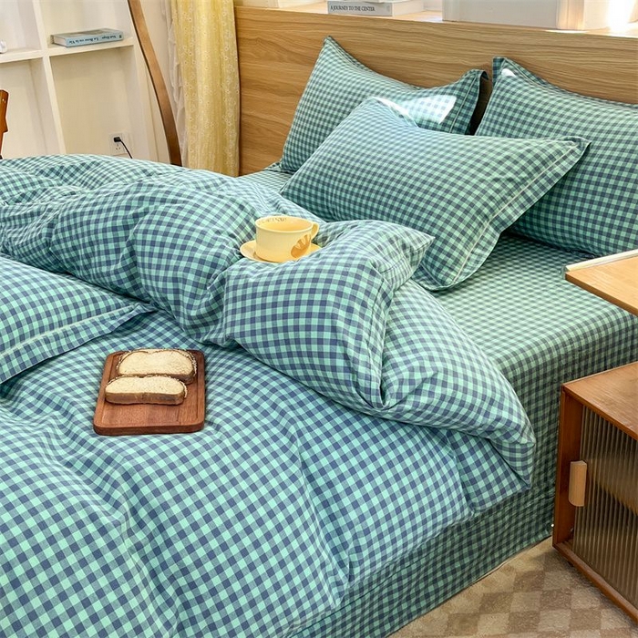 91家纺网 家纺一手货源 找家纺 美尔惠家纺 2025直播热款无印风色织水洗四件套简约格子款学生宿舍三件套床单款 蓝绿小格
