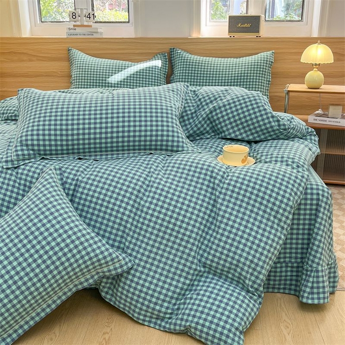 91家纺网 家纺一手货源 找家纺 美尔惠家纺 2025直播热款无印风色织水洗四件套简约格子款学生宿舍三件套床单款 蓝绿小格