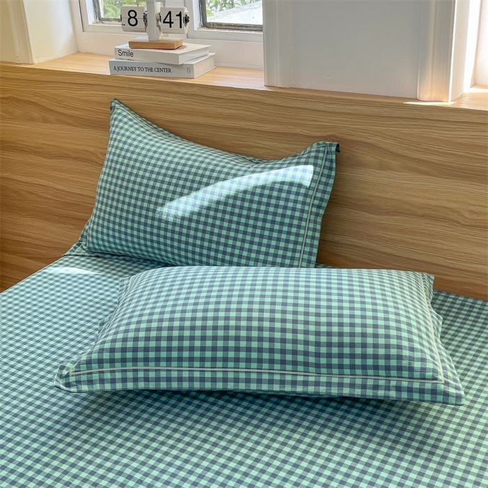 91家纺网 家纺一手货源 找家纺 美尔惠家纺 2025直播热款无印风色织水洗四件套简约格子款学生宿舍三件套床单款 蓝绿小格