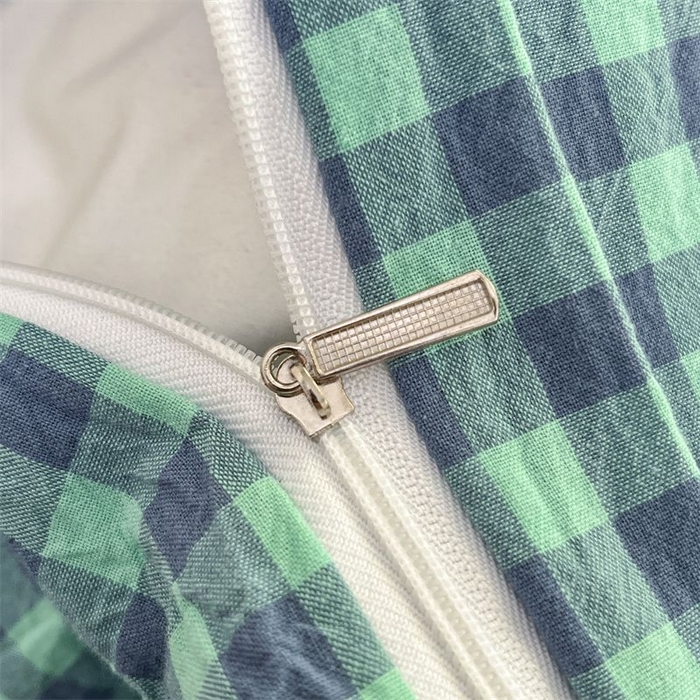 91家纺网 家纺一手货源 找家纺 美尔惠家纺 2025直播热款无印风色织水洗四件套简约格子款学生宿舍三件套床单款 蓝绿小格