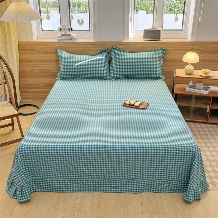 91家纺网 家纺一手货源 找家纺 美尔惠家纺 2025直播热款无印风色织水洗四件套简约格子款学生宿舍三件套床单款 蓝绿小格