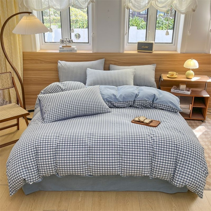 美尔惠家纺 2025直播热款无印风色织水洗四件套简约格子款学生宿舍三件套床单款 蓝小格