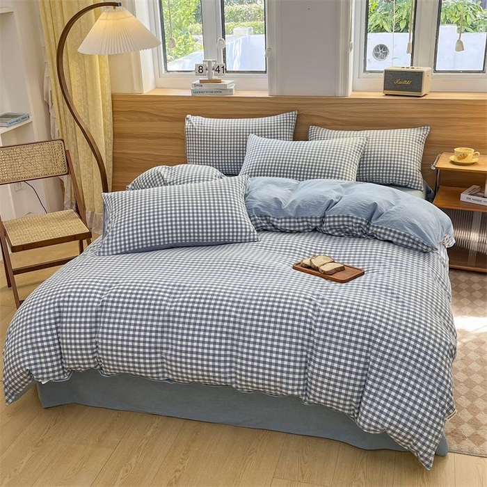 91家纺网 家纺一手货源 找家纺 美尔惠家纺 2025直播热款无印风色织水洗四件套简约格子款学生宿舍三件套床单款 蓝小格