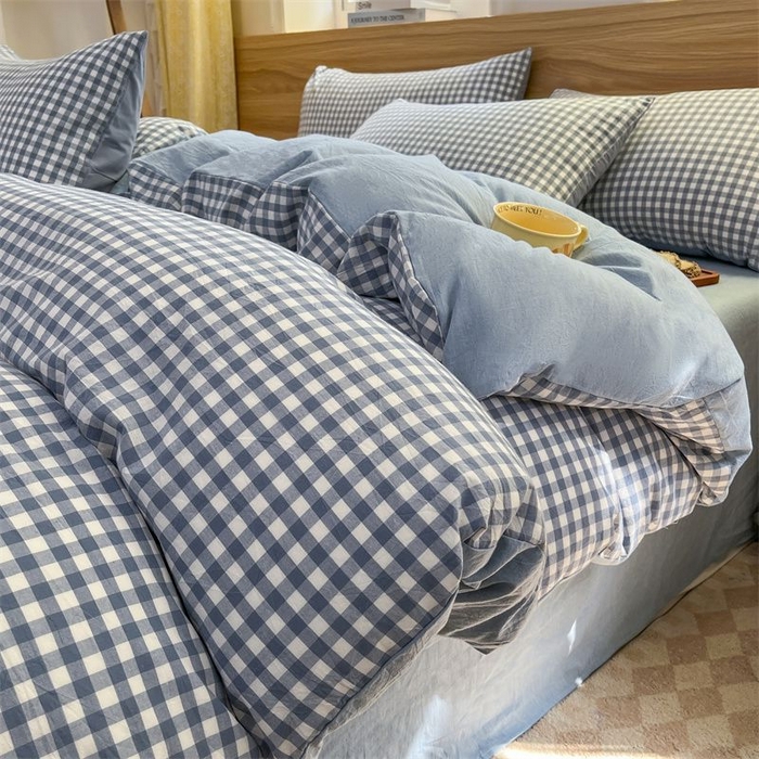 91家纺网 家纺一手货源 找家纺 美尔惠家纺 2025直播热款无印风色织水洗四件套简约格子款学生宿舍三件套床单款 蓝小格