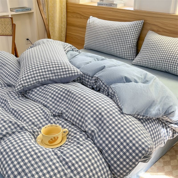 91家纺网 家纺一手货源 找家纺 美尔惠家纺 2025直播热款无印风色织水洗四件套简约格子款学生宿舍三件套床单款 蓝小格