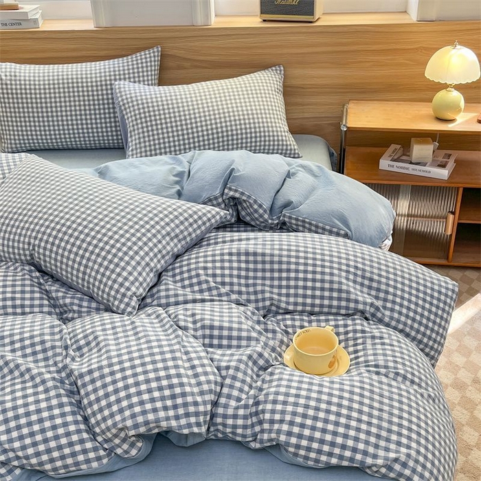91家纺网 家纺一手货源 找家纺 美尔惠家纺 2025直播热款无印风色织水洗四件套简约格子款学生宿舍三件套床单款 蓝小格