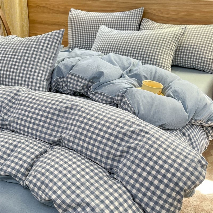91家纺网 家纺一手货源 找家纺 美尔惠家纺 2025直播热款无印风色织水洗四件套简约格子款学生宿舍三件套床单款 蓝小格