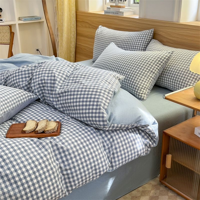 91家纺网 家纺一手货源 找家纺 美尔惠家纺 2025直播热款无印风色织水洗四件套简约格子款学生宿舍三件套床单款 蓝小格