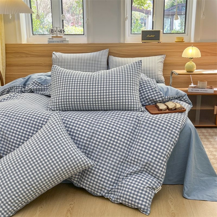 91家纺网 家纺一手货源 找家纺 美尔惠家纺 2025直播热款无印风色织水洗四件套简约格子款学生宿舍三件套床单款 蓝小格