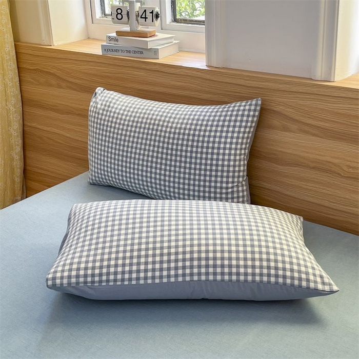 91家纺网 家纺一手货源 找家纺 美尔惠家纺 2025直播热款无印风色织水洗四件套简约格子款学生宿舍三件套床单款 蓝小格