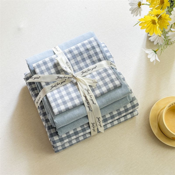 91家纺网 家纺一手货源 找家纺 美尔惠家纺 2025直播热款无印风色织水洗四件套简约格子款学生宿舍三件套床单款 蓝小格