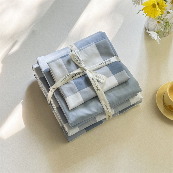 91家纺网 家纺一手货源 找家纺 美尔惠家纺 2025直播热款无印风色织水洗四件套简约格子款学生宿舍三件套床单款 蓝中格