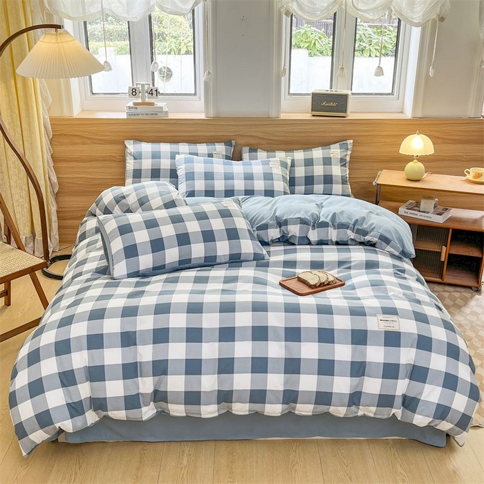 91家纺网 家纺一手货源 找家纺 美尔惠家纺 2025直播热款无印风色织水洗四件套简约格子款学生宿舍三件套床单款 蓝中格