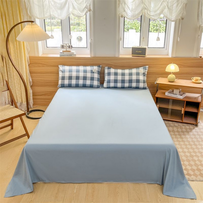 91家纺网 家纺一手货源 找家纺 美尔惠家纺 2025直播热款无印风色织水洗四件套简约格子款学生宿舍三件套床单款 蓝中格