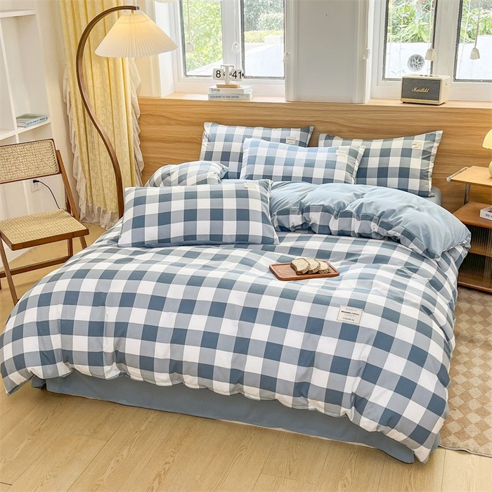 91家纺网 家纺一手货源 找家纺 美尔惠家纺 2025直播热款无印风色织水洗四件套简约格子款学生宿舍三件套床单款 蓝中格