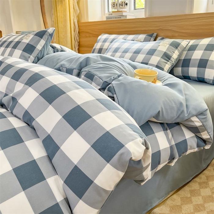 91家纺网 家纺一手货源 找家纺 美尔惠家纺 2025直播热款无印风色织水洗四件套简约格子款学生宿舍三件套床单款 蓝中格