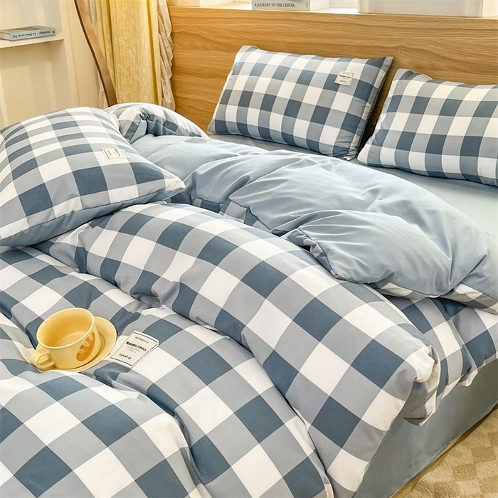 91家纺网 家纺一手货源 找家纺 美尔惠家纺 2025直播热款无印风色织水洗四件套简约格子款学生宿舍三件套床单款 蓝中格