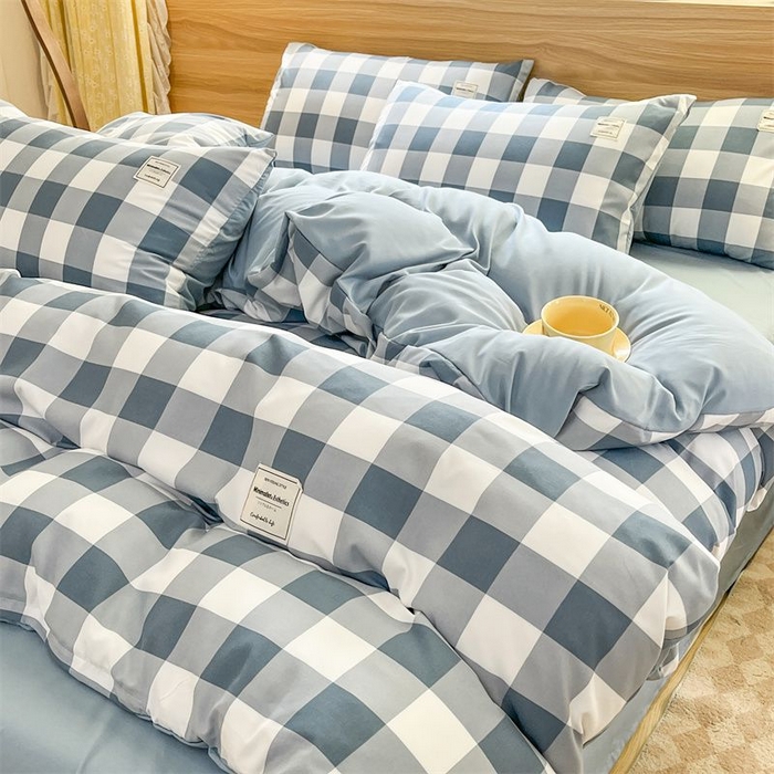 91家纺网 家纺一手货源 找家纺 美尔惠家纺 2025直播热款无印风色织水洗四件套简约格子款学生宿舍三件套床单款 蓝中格