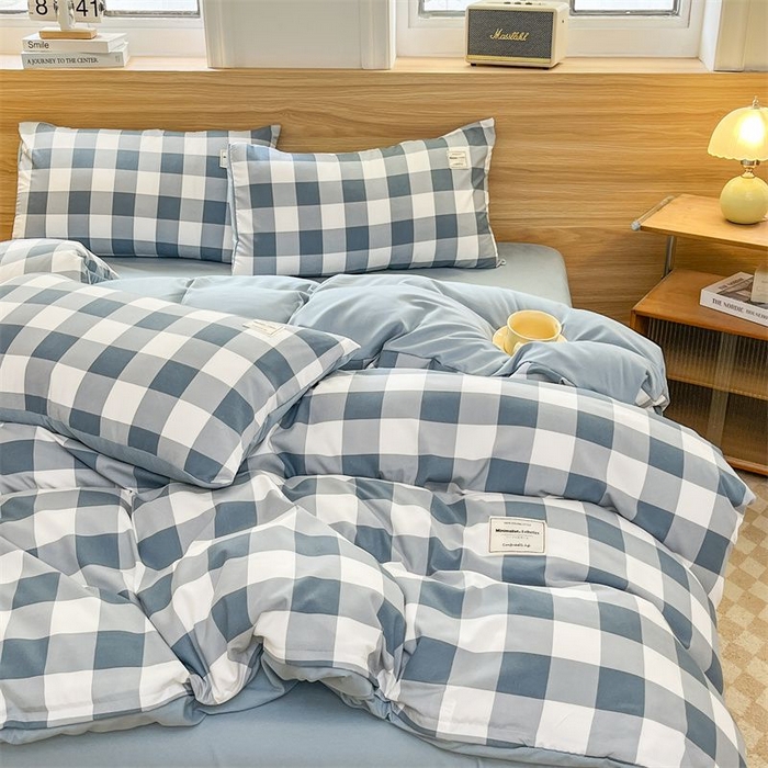 91家纺网 家纺一手货源 找家纺 美尔惠家纺 2025直播热款无印风色织水洗四件套简约格子款学生宿舍三件套床单款 蓝中格