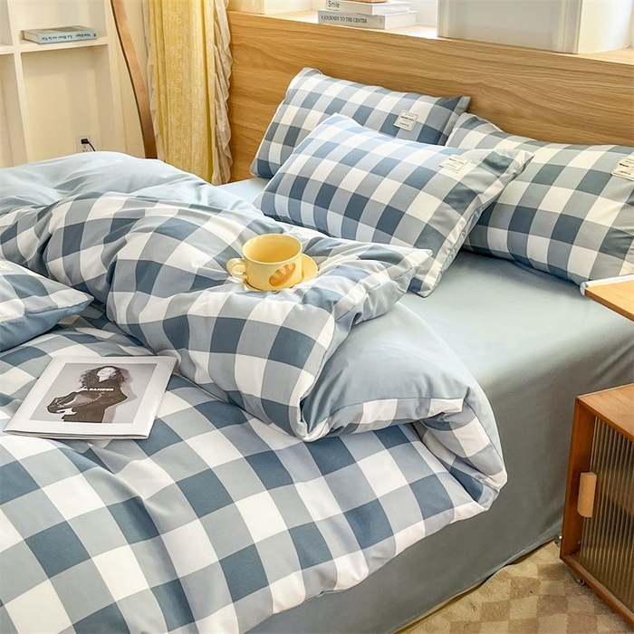91家纺网 家纺一手货源 找家纺 美尔惠家纺 2025直播热款无印风色织水洗四件套简约格子款学生宿舍三件套床单款 蓝中格