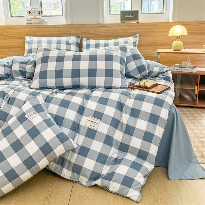 91家纺网 家纺一手货源 找家纺 美尔惠家纺 2025直播热款无印风色织水洗四件套简约格子款学生宿舍三件套床单款 蓝中格