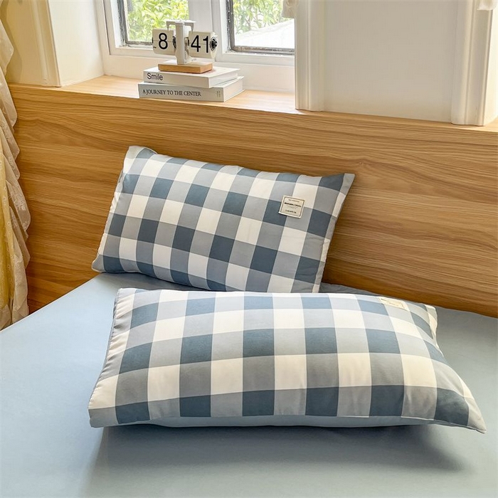 91家纺网 家纺一手货源 找家纺 美尔惠家纺 2025直播热款无印风色织水洗四件套简约格子款学生宿舍三件套床单款 蓝中格