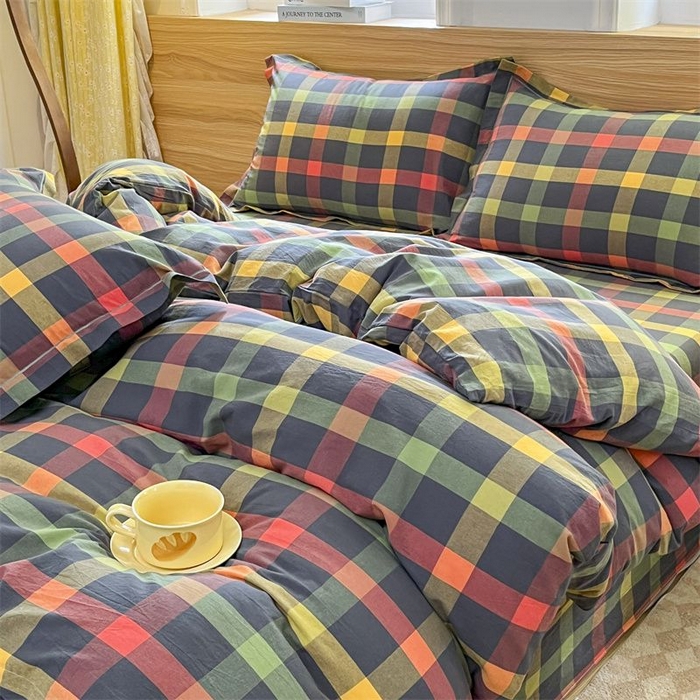 91家纺网 家纺一手货源 找家纺 美尔惠家纺 2025直播热款无印风色织水洗四件套简约格子款学生宿舍三件套床单款 牛油果双拼