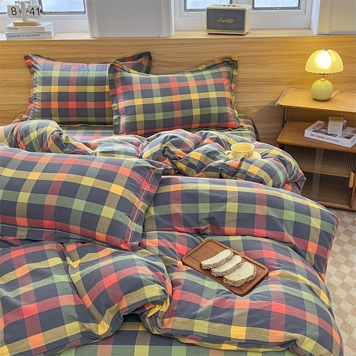 91家纺网 家纺一手货源 找家纺 美尔惠家纺 2025直播热款无印风色织水洗四件套简约格子款学生宿舍三件套床单款 牛油果双拼