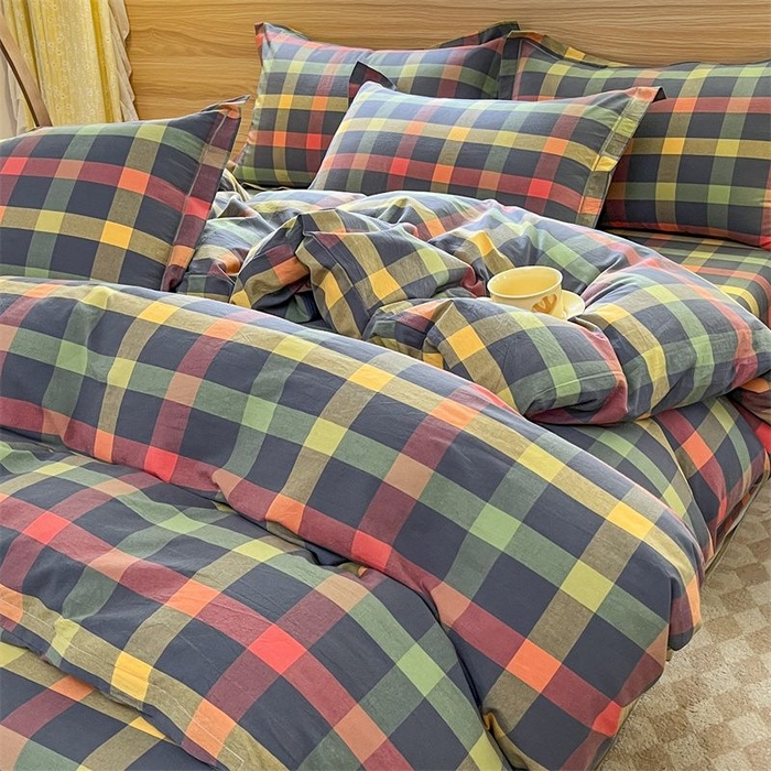 91家纺网 家纺一手货源 找家纺 美尔惠家纺 2025直播热款无印风色织水洗四件套简约格子款学生宿舍三件套床单款 牛油果双拼