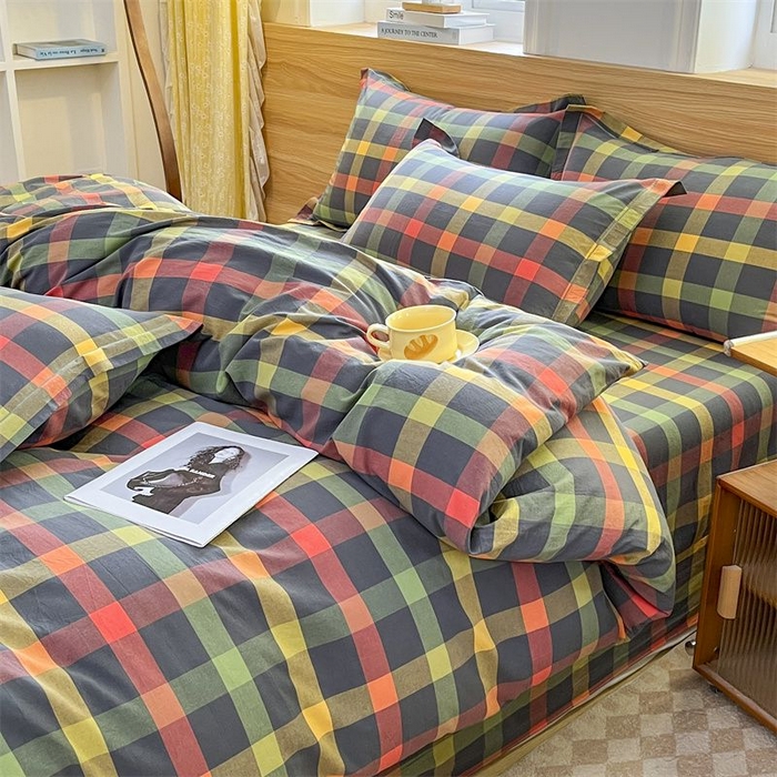 91家纺网 家纺一手货源 找家纺 美尔惠家纺 2025直播热款无印风色织水洗四件套简约格子款学生宿舍三件套床单款 牛油果双拼