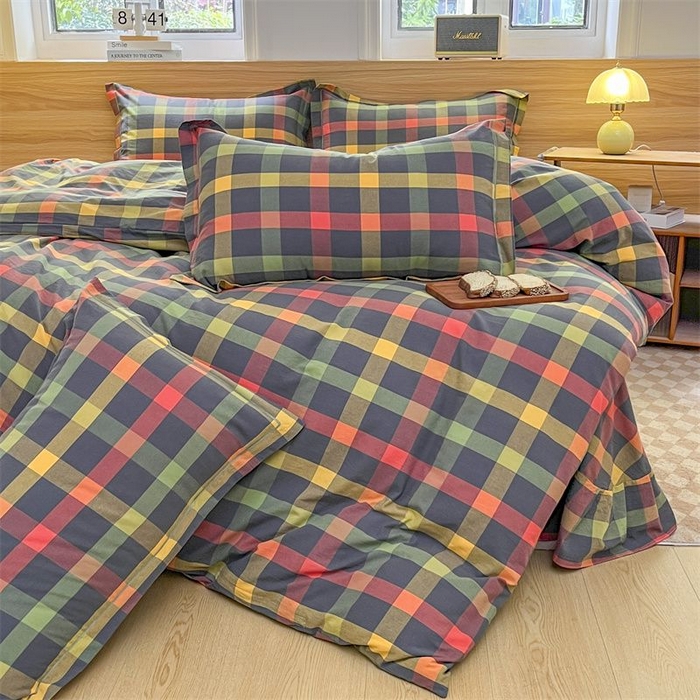 91家纺网 家纺一手货源 找家纺 美尔惠家纺 2025直播热款无印风色织水洗四件套简约格子款学生宿舍三件套床单款 牛油果双拼