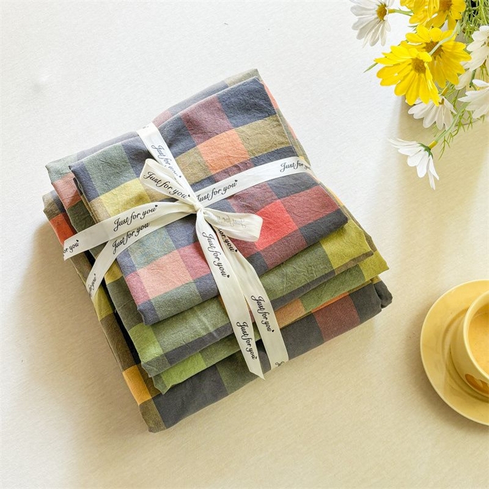 91家纺网 家纺一手货源 找家纺 美尔惠家纺 2025直播热款无印风色织水洗四件套简约格子款学生宿舍三件套床单款 牛油果双拼