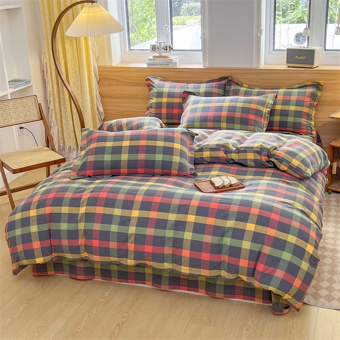 91家纺网 家纺一手货源 找家纺 美尔惠家纺 2025直播热款无印风色织水洗四件套简约格子款学生宿舍三件套床单款 牛油果双拼