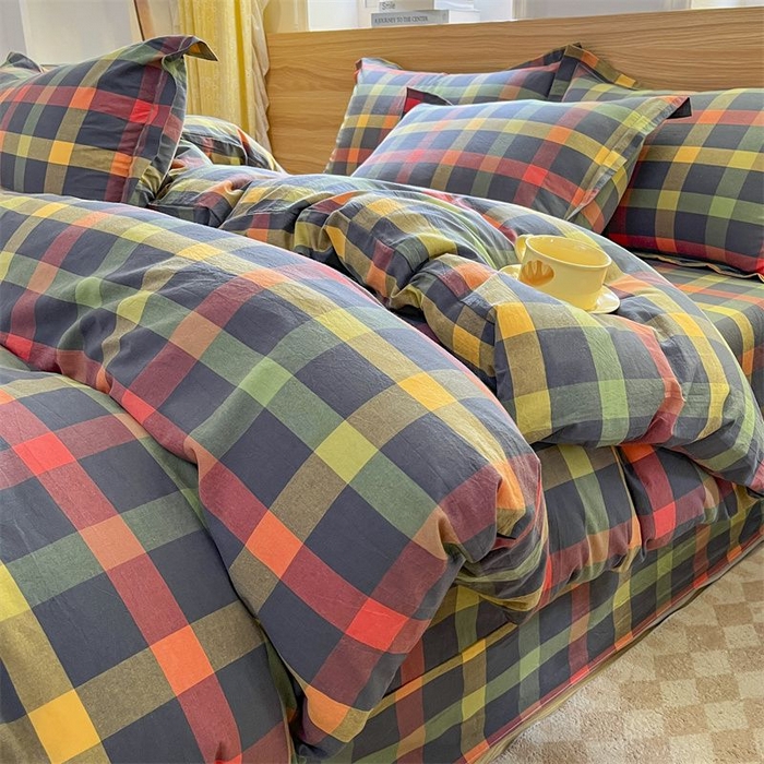 91家纺网 家纺一手货源 找家纺 美尔惠家纺 2025直播热款无印风色织水洗四件套简约格子款学生宿舍三件套床单款 牛油果双拼