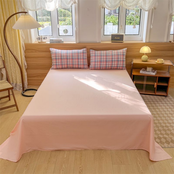 91家纺网 家纺一手货源 找家纺 美尔惠家纺 2025直播热款无印风色织水洗四件套简约格子款学生宿舍三件套床单款 云舒-粉