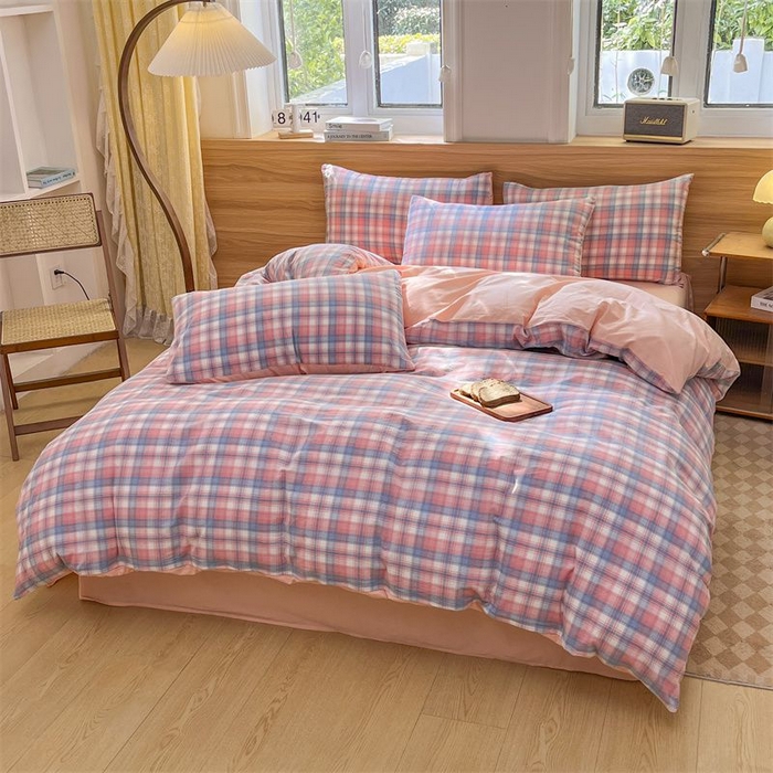 91家纺网 家纺一手货源 找家纺 美尔惠家纺 2025直播热款无印风色织水洗四件套简约格子款学生宿舍三件套床单款 云舒-粉