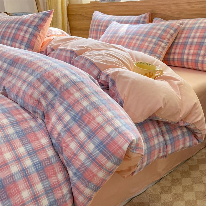 91家纺网 家纺一手货源 找家纺 美尔惠家纺 2025直播热款无印风色织水洗四件套简约格子款学生宿舍三件套床单款 云舒-粉