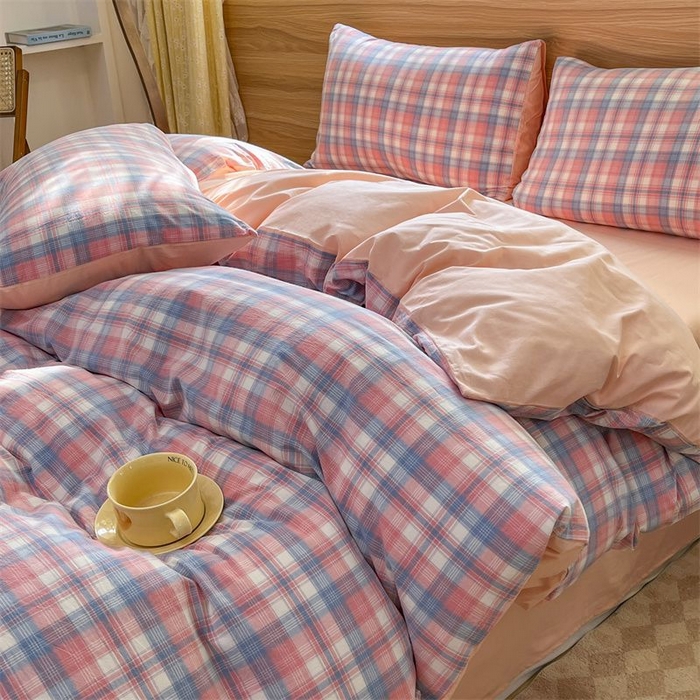 91家纺网 家纺一手货源 找家纺 美尔惠家纺 2025直播热款无印风色织水洗四件套简约格子款学生宿舍三件套床单款 云舒-粉