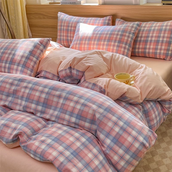 91家纺网 家纺一手货源 找家纺 美尔惠家纺 2025直播热款无印风色织水洗四件套简约格子款学生宿舍三件套床单款 云舒-粉