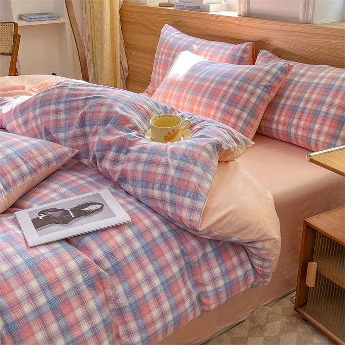 91家纺网 家纺一手货源 找家纺 美尔惠家纺 2025直播热款无印风色织水洗四件套简约格子款学生宿舍三件套床单款 云舒-粉