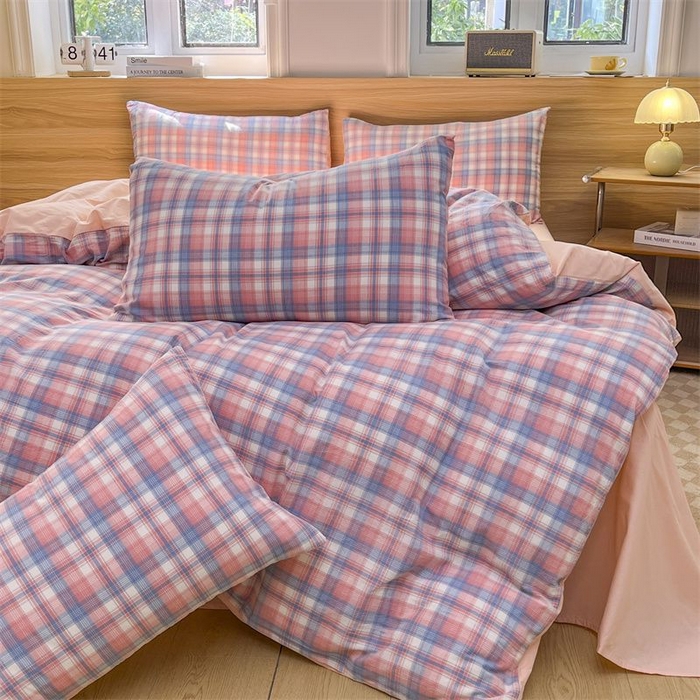 91家纺网 家纺一手货源 找家纺 美尔惠家纺 2025直播热款无印风色织水洗四件套简约格子款学生宿舍三件套床单款 云舒-粉