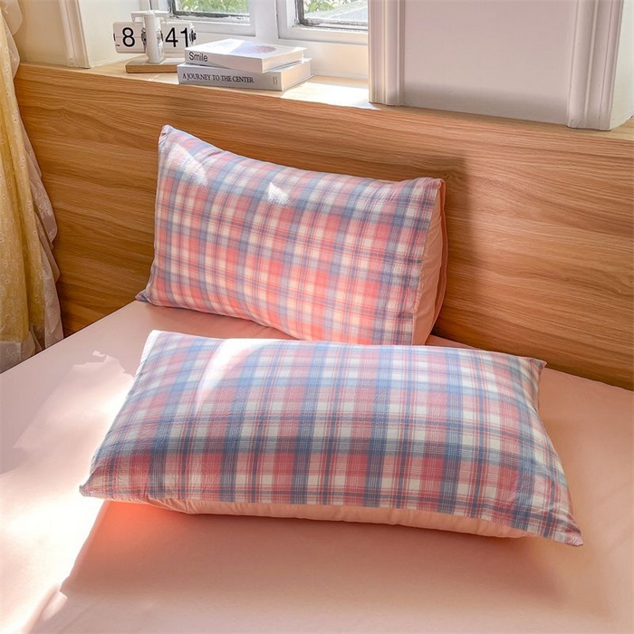 91家纺网 家纺一手货源 找家纺 美尔惠家纺 2025直播热款无印风色织水洗四件套简约格子款学生宿舍三件套床单款 云舒-粉