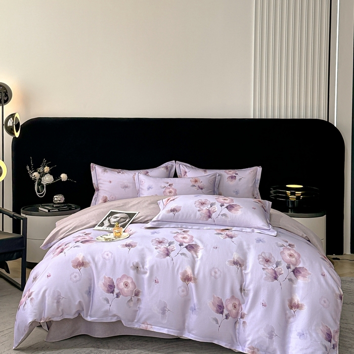 91家纺网 家纺一手货源 找家纺 喜四方 2025新款加厚天丝棉磨毛数码印花四件套 芙兰朵-紫