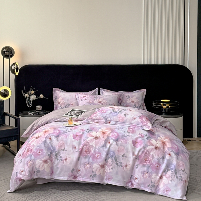 91家纺网 家纺一手货源 找家纺 喜四方 2025新款加厚天丝棉磨毛数码印花四件套 花锦-紫