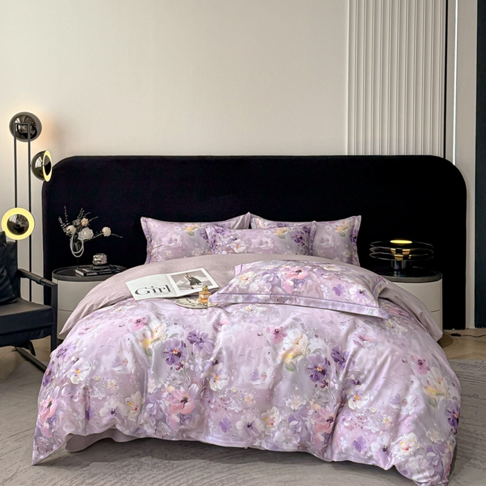 91家纺网 家纺一手货源 找家纺 喜四方 2025新款加厚天丝棉磨毛数码印花四件套 澜音花束-紫